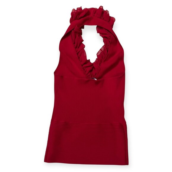 Cache Silk Blend Halter Top Women’s Small – Red Ruffle Chiffon Trim Ribbed Knit - Picture 2 of 7